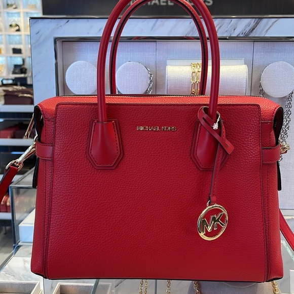 Michael Kors Mercer Medium Top-Zip Belted Satchel Crossbody Purse 
BRIGHT RED
NW - Picture 6 of 16